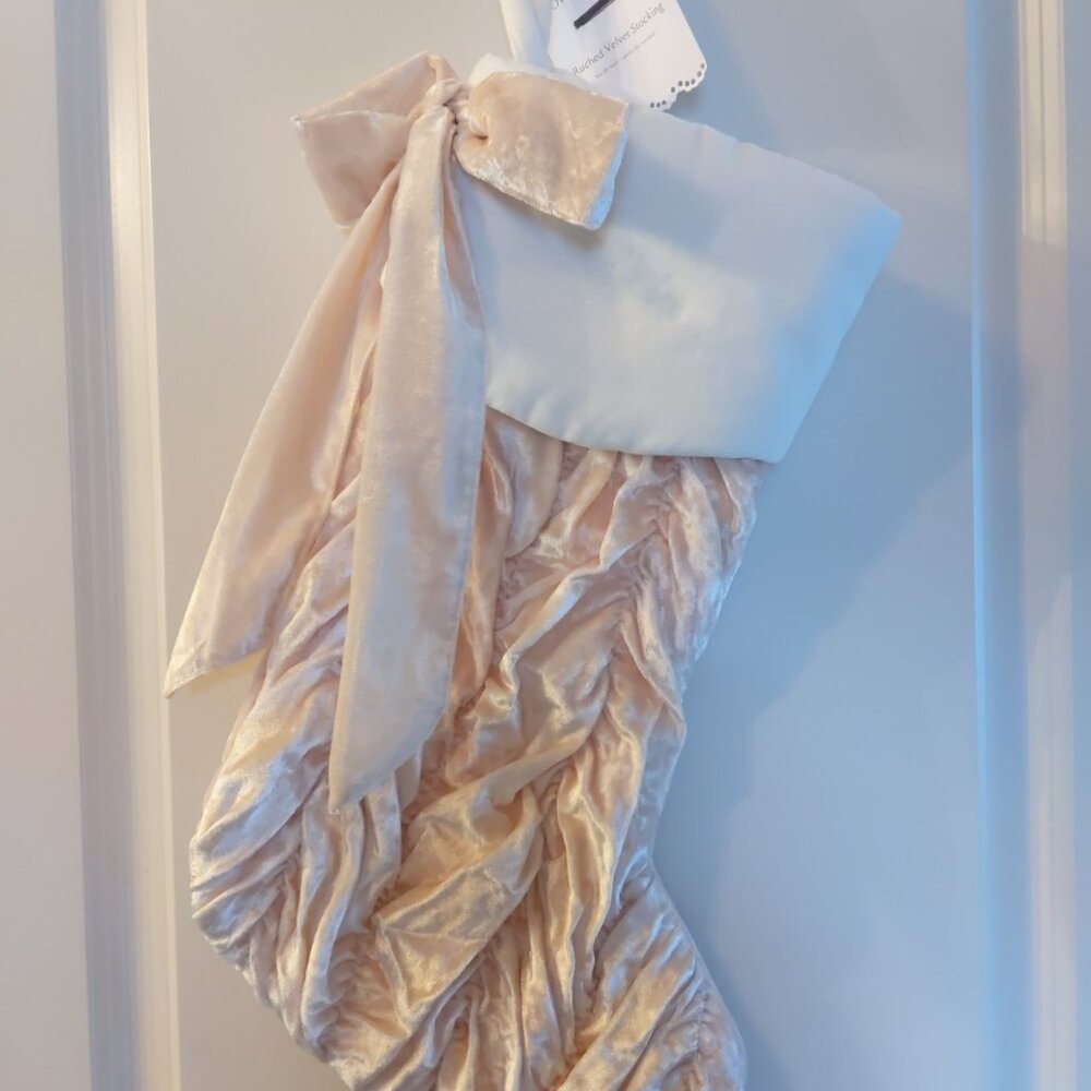 Pottery Barn Teen LoveShackFancy Ruched Velvet Cmas Stocking Pink Blush Mono rem